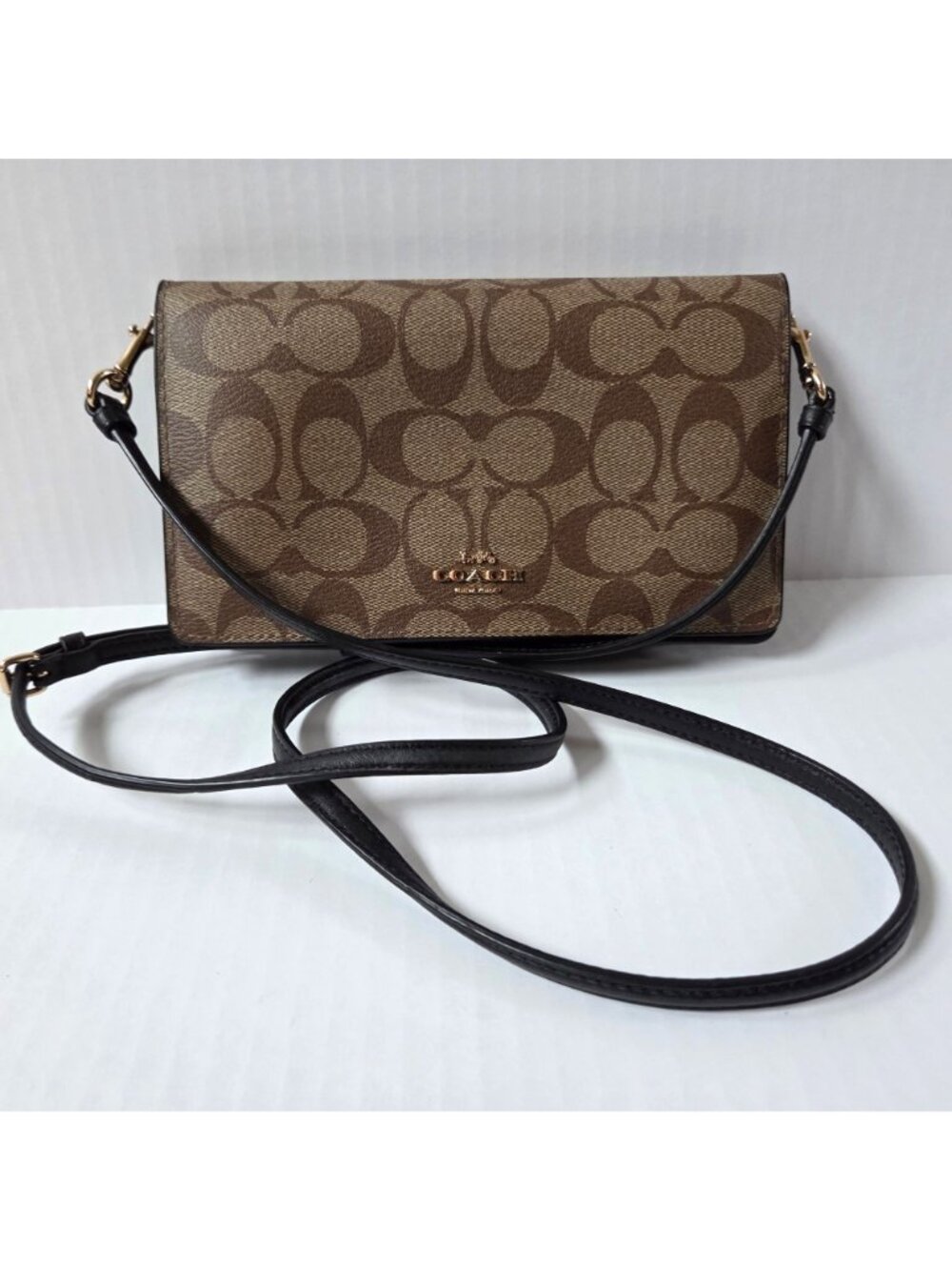 Coach Anna Foldover Clutch Crossbody Brown Signature Canvas & Leather Purse - Picture 2 of 16